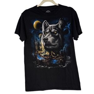 DOM Wolf Moon Waterfall Graphic T Shirt Black Size S Cotton Wolvis